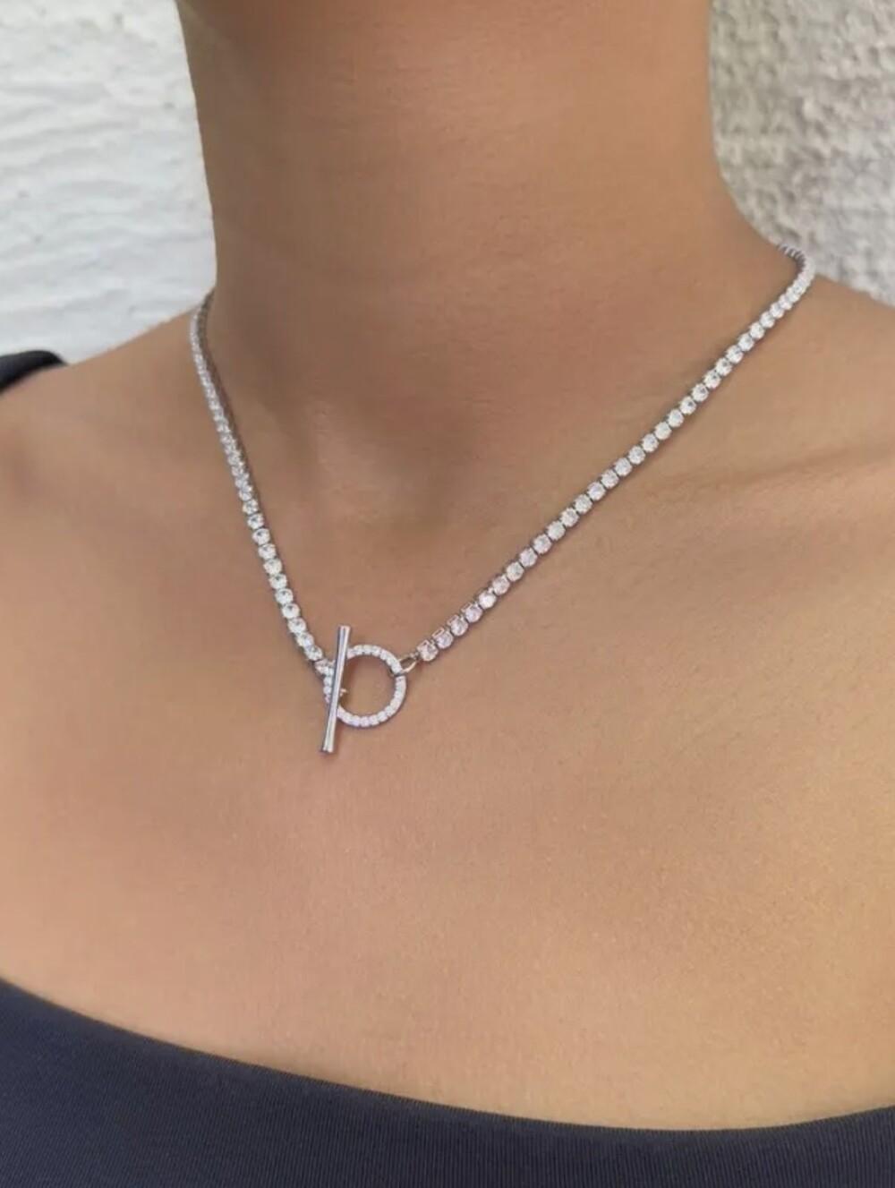 Adornia Silvertone Crystal Tennis Necklace with Toggle Clasp/ BNWT - Picture 2 of 3
